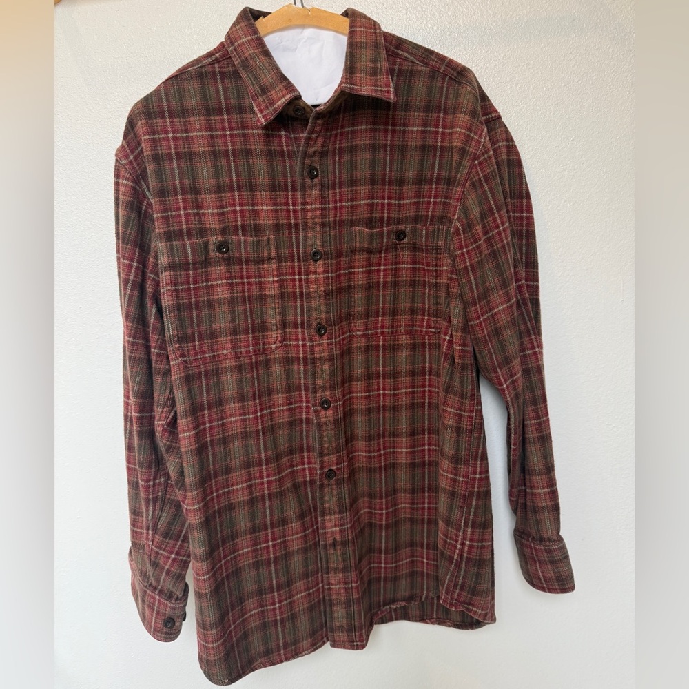 Orvis Red and Olive Green Plaid Shirt